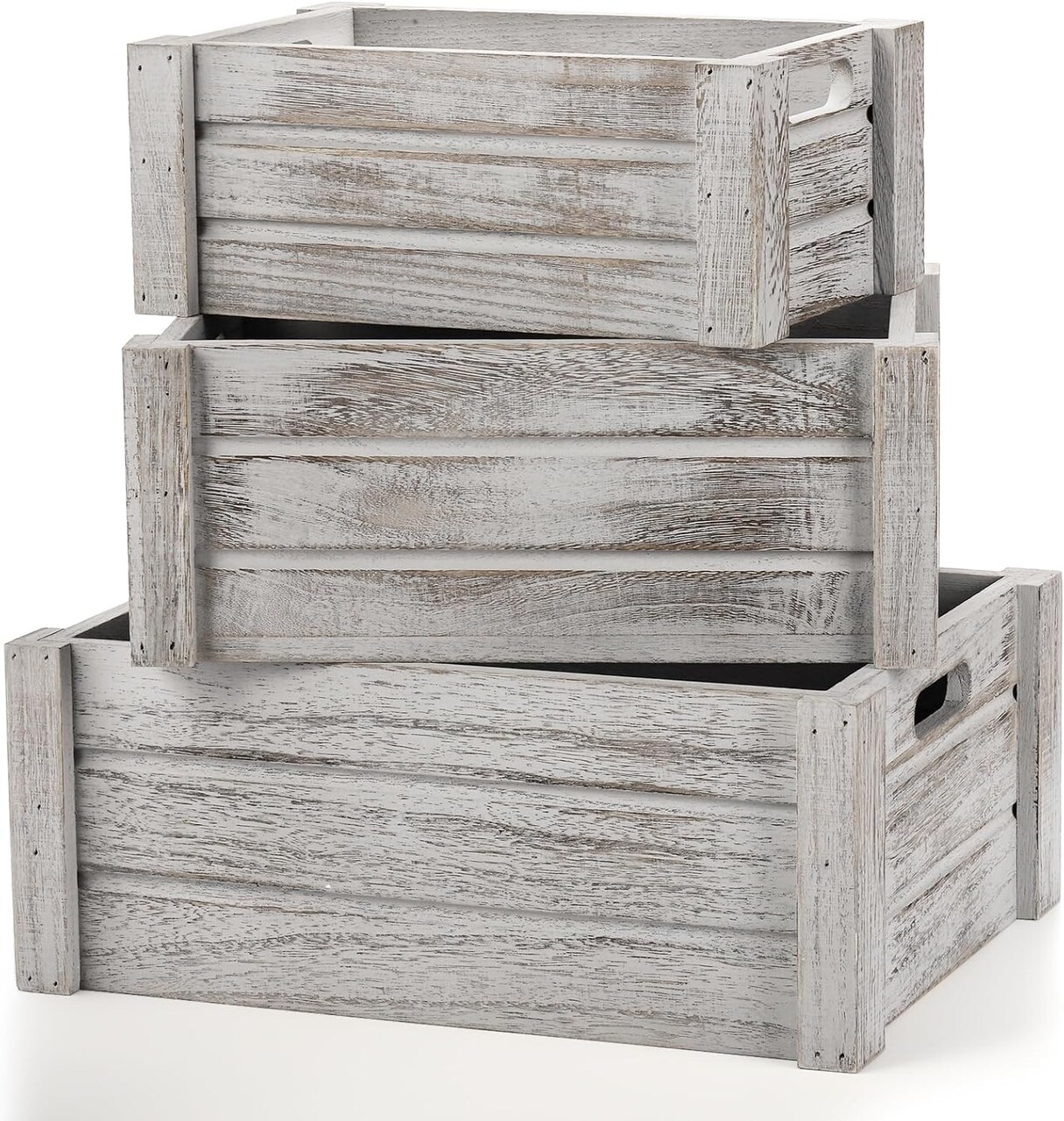 3 Pack Wood Crates with Handles, Rustic Nesting Storage Container Box Decorative Wooden Basket Bins for Fruit, Vegetable, Home, Laundry, Farmhouse, 3 Sizes